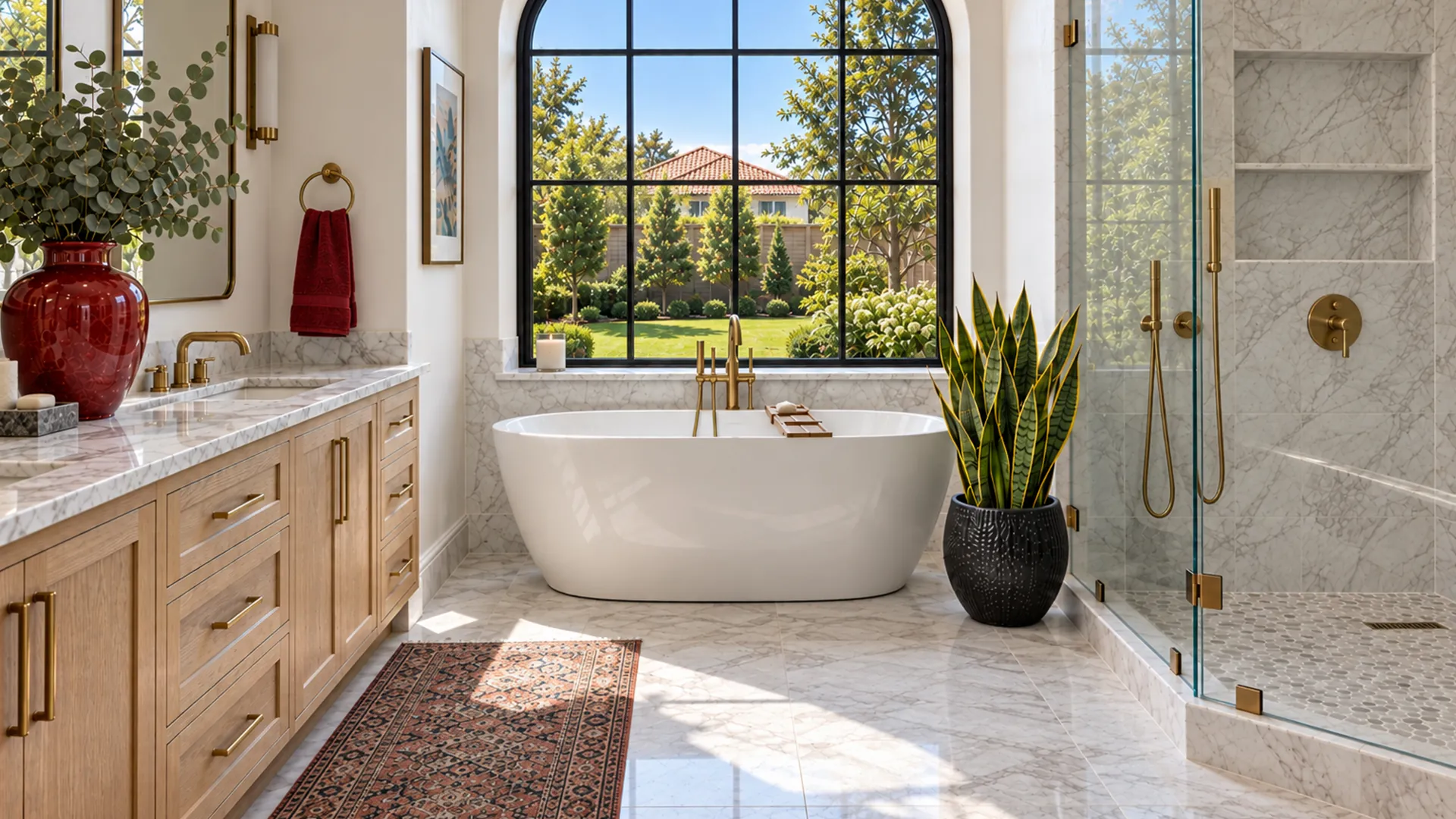 Remodeled bathroom with a freestanding tub, wood vanity and glass walk-in shower