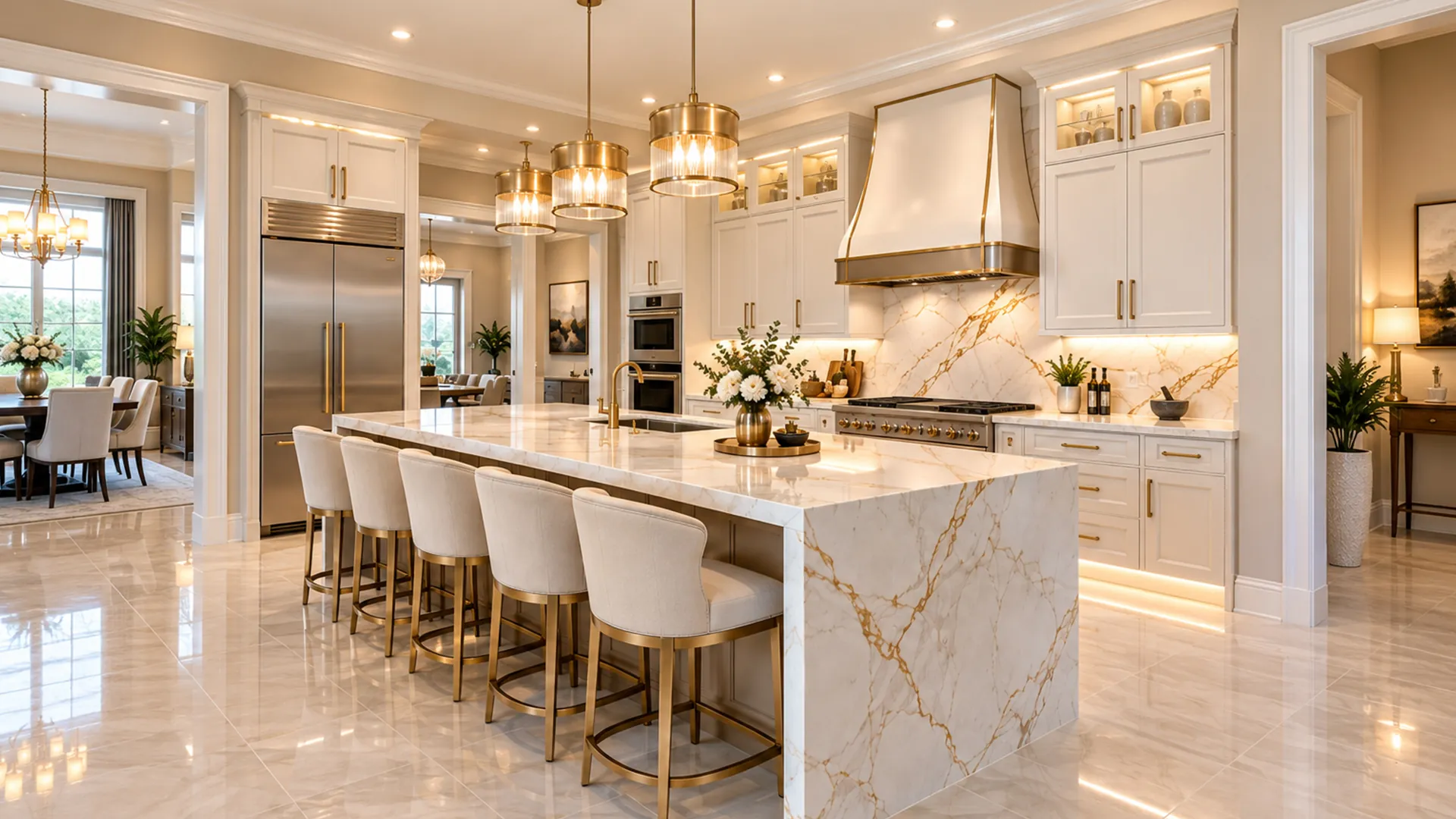 Remodeled kitchen with white cabinets and a marble waterfall island