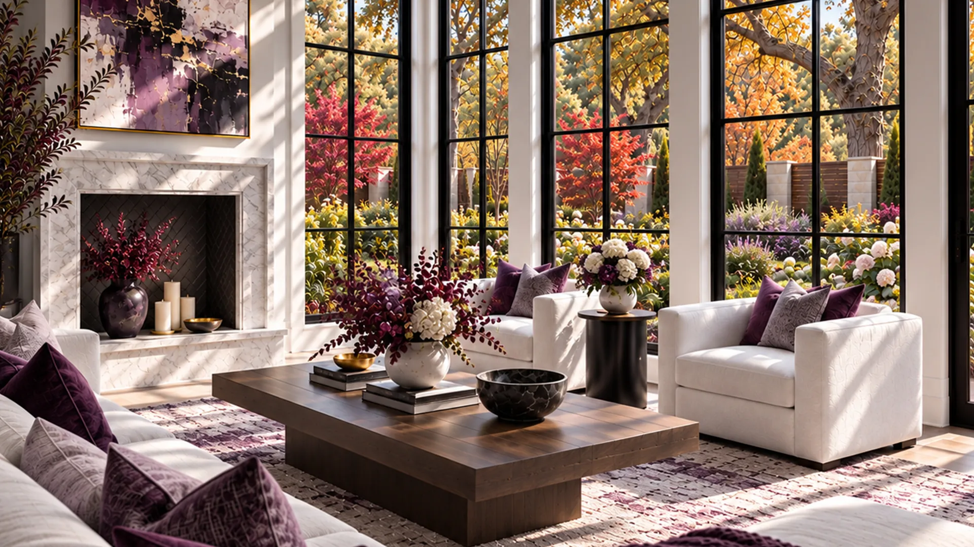 Living room with a marble fireplace, white armchairs and tall black-framed windows