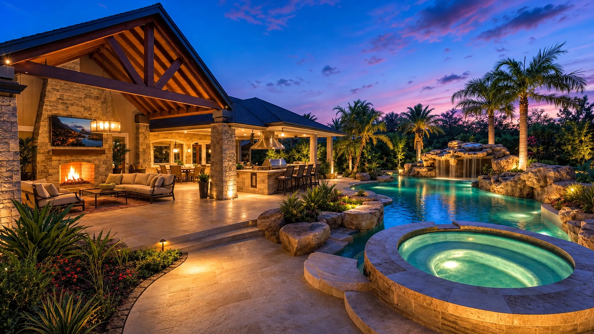 Outdoor living area with a covered patio, fireplace and a lit pool and spa at dusk